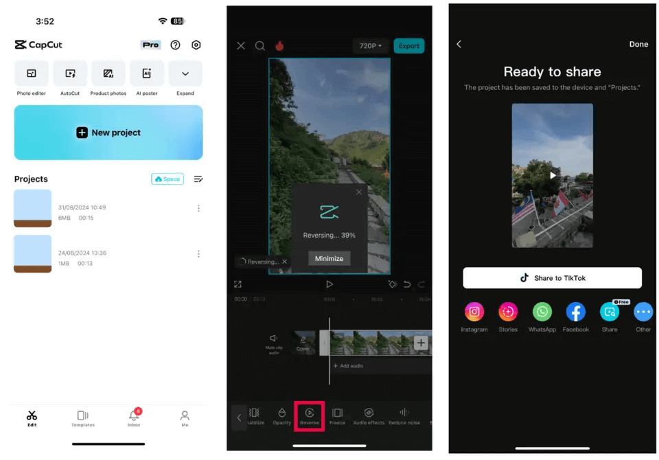 Reverse video feature in CapCut
